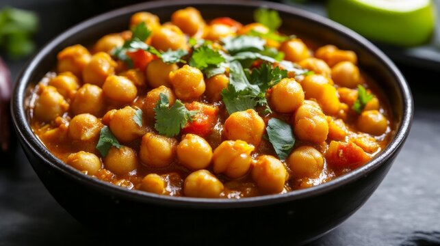 Delicious chickpea curry simmers in a rich, aromatic sauce, topped with vibrant green cilantro. The dish is served in a sleek black bowl, highlighting its warm golden hue
