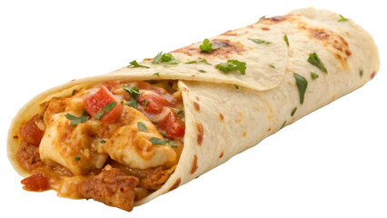 Single Mexican tortilla enchilada, filled with tender, seasoned chicken and generously topped with rich, melted cheese isolated on white background. Suitable for marketing or business purposes