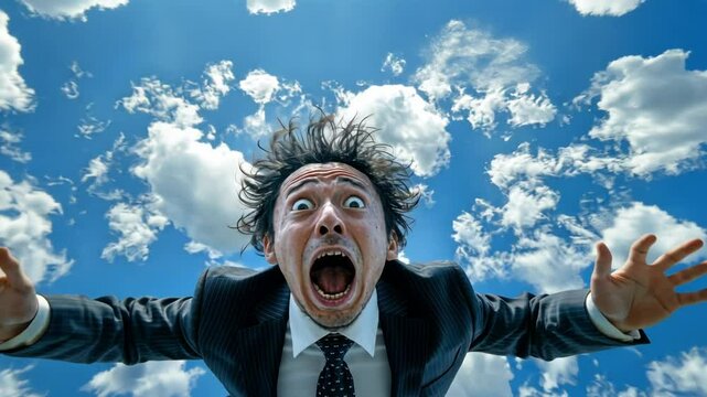 A businessman's terrifying fall from grace, captured mid-air against a vivid blue sky punctuated by fluffy white clouds. A dramatic expression of fear and panic.