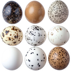 bird eggs variety, close-up on white background