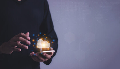 Young man with smartphone mobile hand touching to cloud computing diagram, Data storage, Cloud technology, Cloud Computing Storage