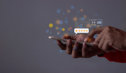 Happy Customer, Young Man hand touching emoji and five star to review and give 5 stars with very good results in service, Good review 5 star rating choice feedback