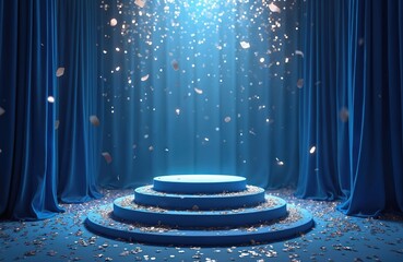 Blue stage illuminated spotlights, falling confetti creating festive atmosphere. Curtains adorn background, enhancing elegant ambience for events, performances, celebrations, product launches,