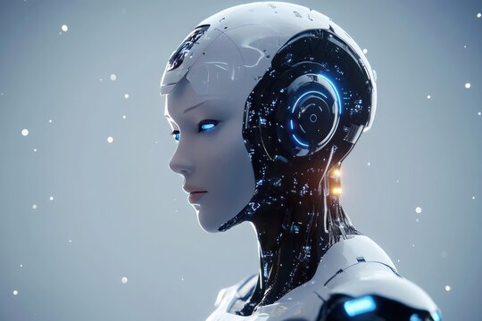 Detailed Profile of a Pixelated Female Robot with Blue Glowing Accents on White Background