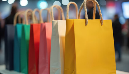 Promotional shopping bags with logos, ready for giveaway at busy trade show. Colorful logotype branding marketing advertising exposure design retail consumer merchandise event engagement connection.