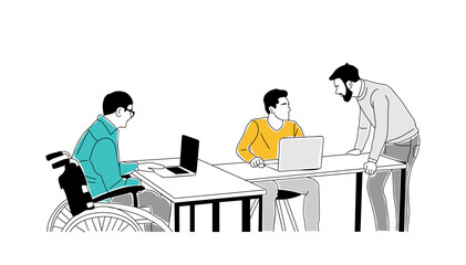 Inclusive business concept illustration. Young businessmen working together sitting at the desk with laptop computers. Vector outline drawing for graphic, web design Isolated