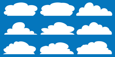 Cartoon cloud in a flat design. Collection of white cloud illustrations. 