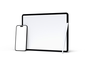 Realistic modern tablet, pencil and smartphone digital device mockup front view with blank screen isolated on background. Technology empty display template for ui, ux, app and website presentation
