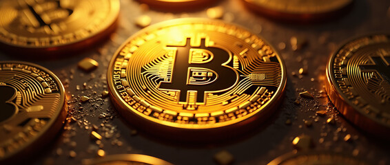 A shining gold Bitcoin among other coins, illuminated by warm light, highlighting the growing importance and rising value of cryptocurrency in today's economy.