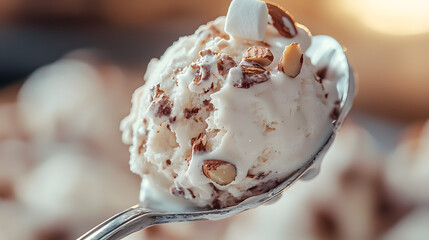 Close-Up of a Spoon Holding a Bite-Sized Portion of Ice Cream with Toppings and Delicate Texture