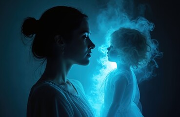Woman meets inner child, glowing silhouette. Self-reflection on youth, spirit. Mother connects kid soul, embrace potential. Psychological growth, transformation from innocence, memory, freedom to