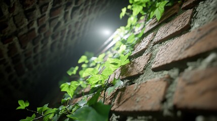 Ivy growing on brick wall, dark background, nature