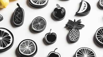 Black and white fruit shapes on white background. Possible use graphic design, pattern inspiration