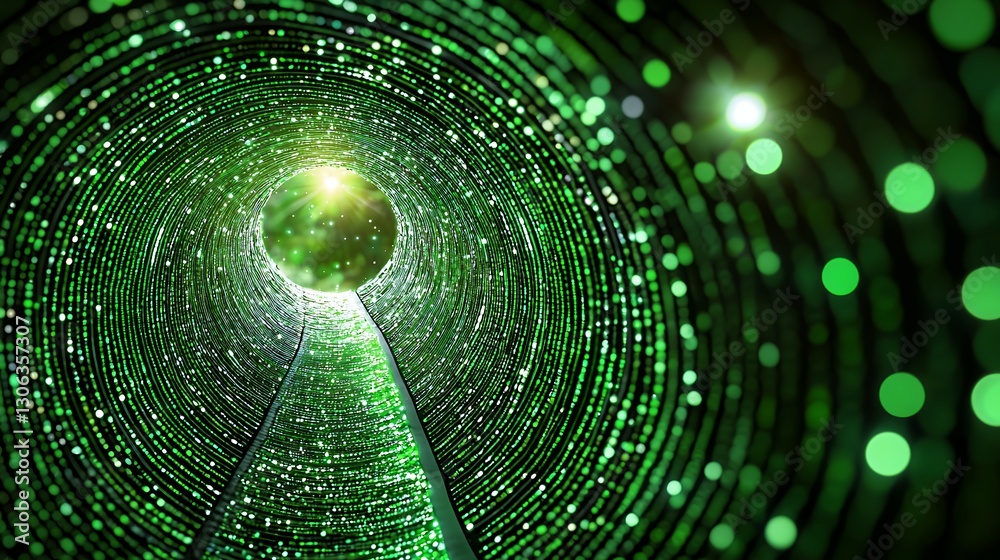 Fototapete abstract glowing green digital tunnel with white particles and bokeh