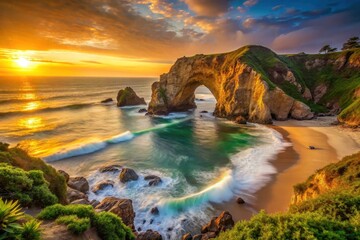Golden Hour Coastal Archway Serene Ocean Waves Crashing on Sandy Shore at Sunset