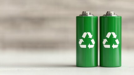 Green Batteries with Recycling Symbol on Soft Background