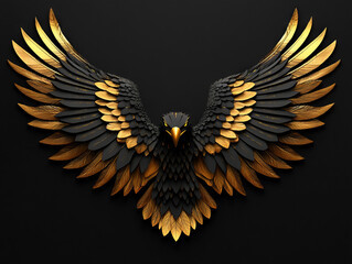 Fototapeta premium Stylized eagle with intricate black and gold feathers against a dark background