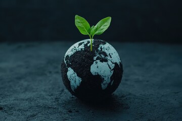 environmental protection pollution reforestation, A small globe with a green sprout symbolizes growth and environmental sustainability.