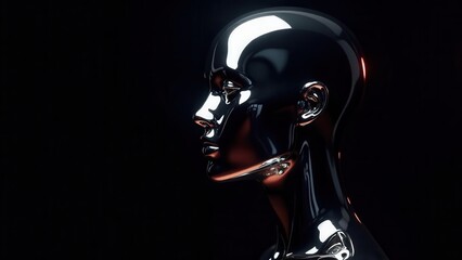 Sleek metallic female mannequin head profile against a dark backdrop, showcasing a polished, reflective surface with subtle highlights and shadows.