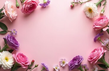Fototapeta premium Flat lay assorted pink flower border on pastel pink background. Floral frame with pink roses, white gerberas, lilac peonies. Template for greeting card, invitation, banner, flyer.