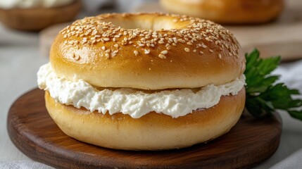 A freshly made bagel is filled with cream cheese on wood