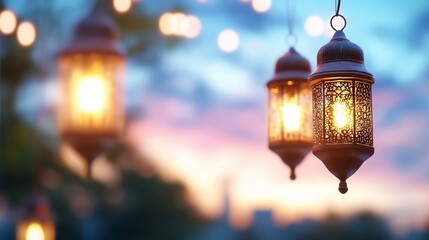 Illuminated lanterns at sunset, festive background