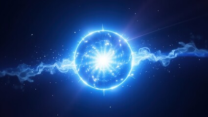 Obraz premium A luminous 3D sphere of radiant electric blue energy radiates from a central point, framed by ethereal white and purple auroras, creating a dynamic sci-fi aesthetic against a dark sky.