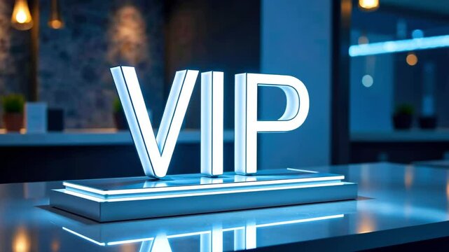 A glowing VIP sign stands prominently in an upscale venue, highlighting exclusivity during the evening