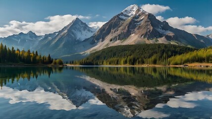 Fototapeta premium A lone traveler standing on the edge of a crystal-clear lake, reflecting the stunning mountain peaks above.