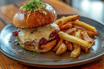 Juicy Cheeseburger with Golden Fries on a Gray Plate with Wooden Table Background