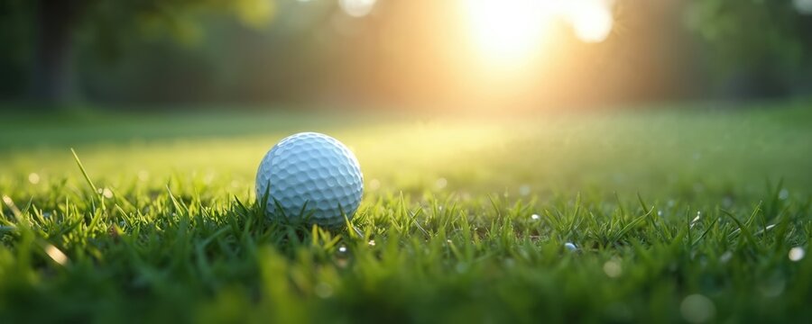 Dreamy image of golf ball on fresh green grass field in soft sunlight and hazy atmosphere. Surreal calm, peaceful mood. Shot for golf design, promo for golf industry.