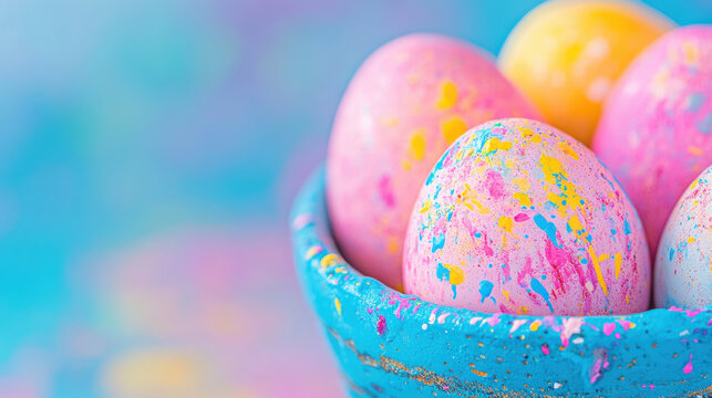 Bunte Ostereier mit Farbspritzern in blauem Korb, Colorful Easter eggs with paint splashes in blue basket