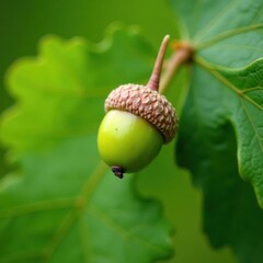 Soft green acorn, blurred oak leaves, shallow depth of field, growth, wood, woodland