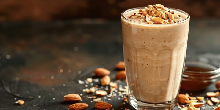 Date shakes with almond milk, walnuts, chocolate and dried fruits all mixed together in a glass over a dark backdrop, Generative AI.