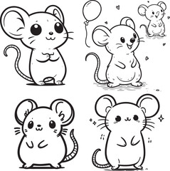 Cute Smiling Mouse Standing on Hind Legs - Simple Black and White Line Art Coloring Pages