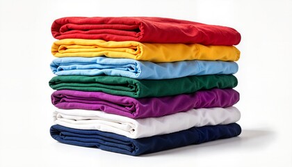 Stack of folded colorful t-shirts on white background, vibrant simplicity