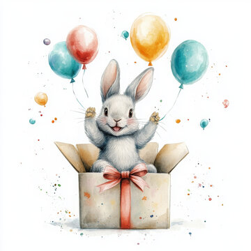 cute rabbit celebrating with balloons in gift box, joyful and colorful