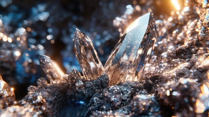 Obraz premium Glowing crystals emerge from dark, metallic cave