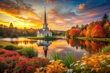 Fototapeta premium Serene Autumn Sunset Reflecting on a Picturesque Chapel by a Calm Lake