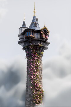majestic tower rises high, adorned with blooming flowers, capturing the essence of a fantasy world. structure is surrounded by soft clouds, enhancing its enchanting presence. 3d render