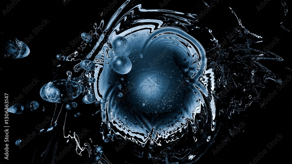 Poster swirling shapes and light reflections create an abstract scene featuring bubbles and fluid motions i