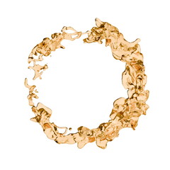 circular formation of shimmering golden liquid captures the eye, displaying intricate details of swirling textures and varying forms. design reflects creativity and artistry. 3d render
