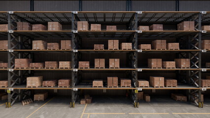 Rows of tall shelves are filled with packed cardboard boxes in a well-organized warehouse. storage space appears spacious and well-lit, indicating a busy environment. 3d render