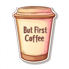 Coffee cup with playful design and text But First Coffee