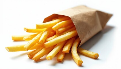 Close-up of french fries in paper cone on table. Golden, crispy, crunchy chips in take away packaging. Popular fast food snack. Fries background for restaurant menu