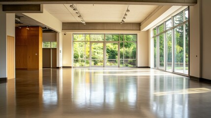 Spacious, modern interior with polished concrete floor and large windows for natural light.