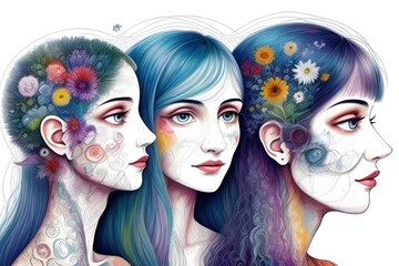 Illustration of womens heads that is a concept of multiple personality disorder, mental illness, bipolar. surreal, emotional, abstract, identity, art, therapy, mind, duality, female, schizophrenia