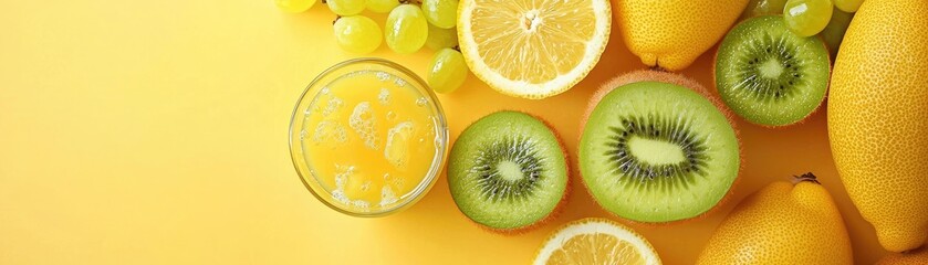 Fototapeta premium Fresh juice, kiwi, lemon, grape on yellow. Healthy breakfast