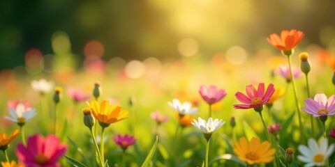 Fototapeta premium A vibrant field of wildflowers bathed in the warm glow of sunrise, showcasing a spectrum of colors and delicate petals, creating a serene and peaceful atmosphere.