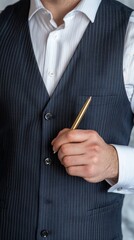 Man in waistcoat holding pen, business meeting